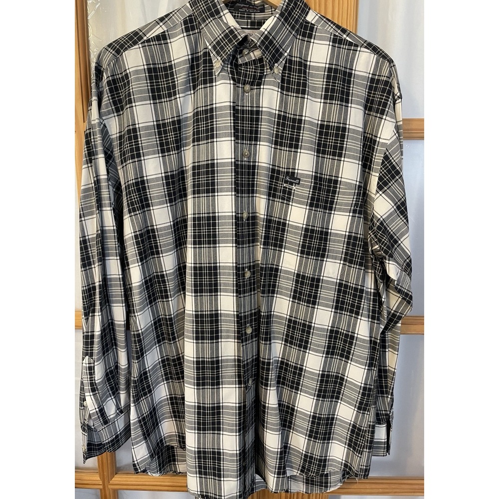 Faconnable Plaid Button Down Shirt Mens Large Gray White Cotton Preppy Academia